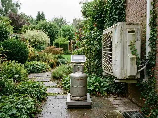 Bouteille de fluide posée sur une balance de charge près d'un groupe extérieur